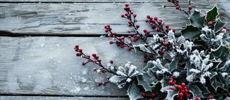 ai generato agrifoglio rami e neve coperto alberi su un' di legno superficie foto