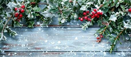 ai generato agrifoglio rami e neve coperto alberi su un' di legno superficie foto