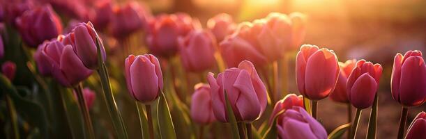 ai generato rosa tulipani con caldo luce del sole a Alba sfondi sfondo design foto