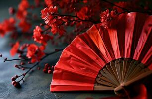 ai generato rosso carta fan con rosso fiorisce, Pasqua foto