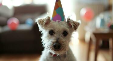 ai generato piccolo bianca cane indossare compleanno cappello foto