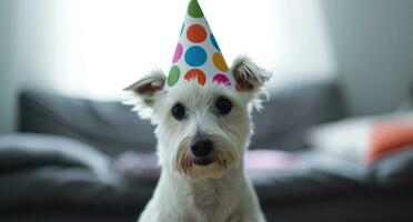 ai generato piccolo bianca cane indossare compleanno cappello foto