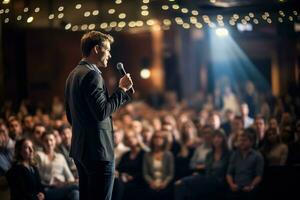 ai generato altoparlante dando un' parlare a attività commerciale conferenza. pubblico a il conferenza sala. attività commerciale e imprenditoria. foto