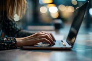 ai generato vicino su di femmina mani digitando su il computer portatile tastiera a tavolo nel bar foto