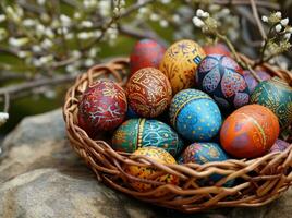 ai generato molti colorato Pasqua uova impostato su un' tavolo, foto