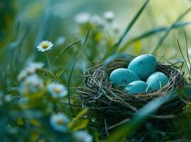 ai generato Pasqua uova nido seduta tra alto erba e fiori foto