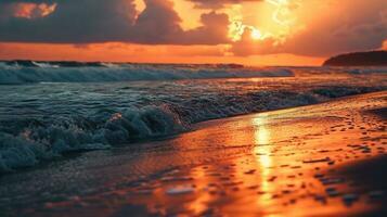 ai generato bellissimo tramonto su il spiaggia. mare onde e schizzi. foto