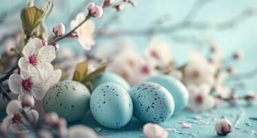 ai generato pastello di colore blu Pasqua uova e fiori su il sfondo foto