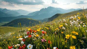 ai generato colorato prato con fiori selvatici e montagne nel il sfondo foto