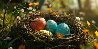 ai generato colorato Pasqua uova nel un' nido su un' di legno tavolo foto