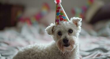 ai generato piccolo bianca cane indossare compleanno cappello foto