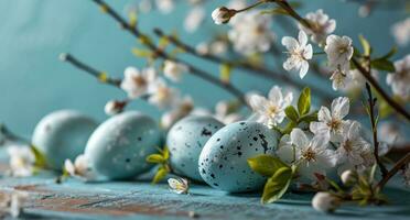 ai generato pastello di colore blu Pasqua uova e fiori su il sfondo foto