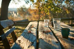 ai generato Questo Immagine Spettacoli un' di legno tavolo, sedie e bicchieri all'aperto nel il autunno foto