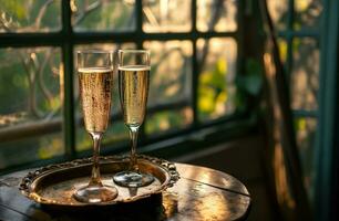 ai generato Due bicchieri di Champagne su vassoio di finestra nel Francia vino foto