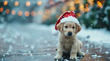 ai generato affascinante cucciolo nel un' Natale cappello, superficiale profondità di campo foto