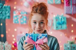 ai generato giovane ragazza è Tenere un' blu e rosa regalo nel sua mani foto