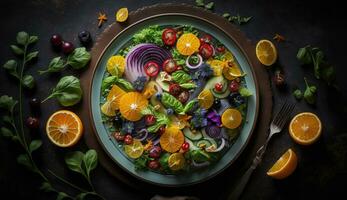 ai generato vegano Budda ciotola. dolce patate, mirtilli, avocado, cavolo e arancia. dietetico cibo. superiore Visualizza. gratuito spazio per il tuo text.generative ai. foto