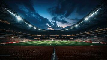 ai generato alto angolo stabilendo sparo. stadio con calcio campionato incontro. squadre giocare a, folle di fan allegria. calcio tazza torneo. sport canale concetto, schermo contenuto. largo sparo. ai foto