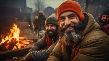 ai generato un' gruppo di amici seduta in giro il fuoco su il strada, godendo loro amicizia. foto