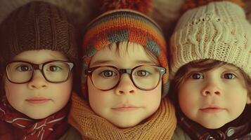 ai generato avvicinamento ritratto di tre adorabile bambini indossare inverno cappelli e sciarpe foto