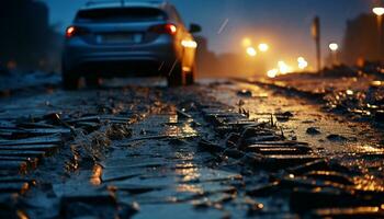 ai generato auto velocità attraverso buio città strade, fari illuminante bagnato asfalto generato di ai foto