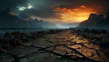 ai generato tranquillo scena tramonto vernici cielo, montagna, acqua, e costa bellezza generato di ai foto