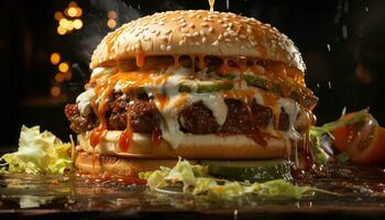 ai generato grigliato buongustaio hamburger con formaggio, pomodoro, e fresco verdure generato di ai foto