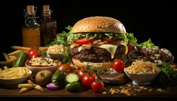 ai generato grigliato Manzo hamburger con formaggio, pomodoro, e cipolla su Ciabatta generato di ai foto