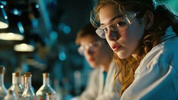 ai generato focalizzata giovane femmina scienziato Lavorando nel laboratorio con colleghi foto