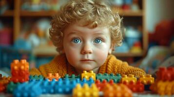 ai generato curioso bambino piccolo giocando con colorato edificio blocchi in casa foto