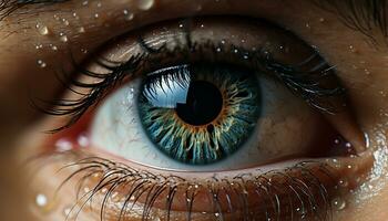 ai generato blu occhi fissando, bellezza riflessa nel uno persona iris generato di ai foto