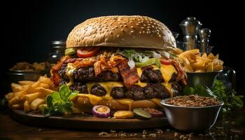 ai generato grigliato hamburger al formaggio con patatine fritte, un' classico americano veloce cibo pasto generato di ai foto