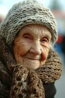 ai generato vecchio donna guardare a telecamera indossare sciarpa e berretto su il strada. generativo ai foto