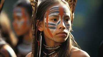 ai generato un' giovane ragazza con dipinto viso e piume che rappresentano tribale cultura. generativo ai foto