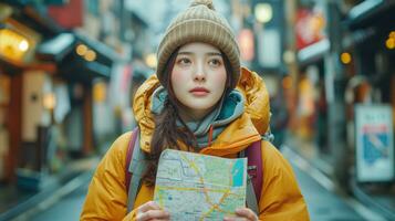 ai generato giovane donna viaggiatore con carta geografica esplorando urbano strade nel inverno foto