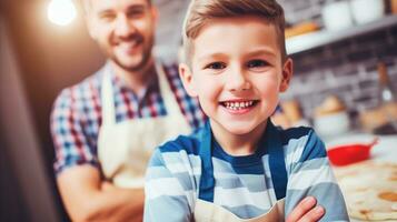 ai generato un' ragazzo e il suo padre cucinando insieme nel il cucina, bonding al di sopra di cibo preparazione e famiglia volta. generativo ai foto