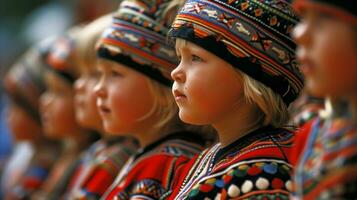 ai generato bambini vestito su nel tradizionale tessili. generativo ai foto