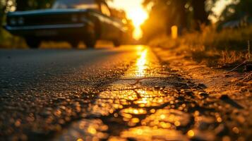 ai generato un' auto in viaggio giù un' strada a tramonto. generativo ai foto