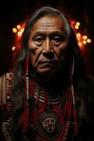 ai generato un indiano uomo indossare rosso e nero piume come parte di il suo tradizionale abbigliamento. foto