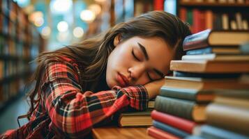 ai generato giovane donna addormentato a biblioteca scrivania circondato di libri foto
