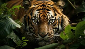 ai generato maestoso Bengala tigre fissando, nascondiglio nel tropicale foresta pluviale generato di ai foto