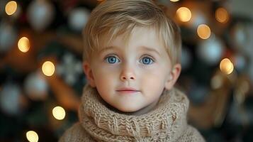 ai generato adorabile bambino nel maglieria con Natale luci nel sfondo foto