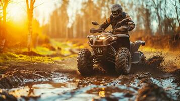 ai generato un' uomo equitazione un via strada atv nel il foresta. generativo ai foto