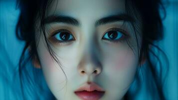 ai generato avvicinamento ritratto di un' giovane donna con Impressionante blu occhi nel lunatico illuminazione foto