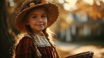 ai generato sorridente giovane ragazza nel un' cannuccia cappello godendo autunno tramonto all'aperto foto