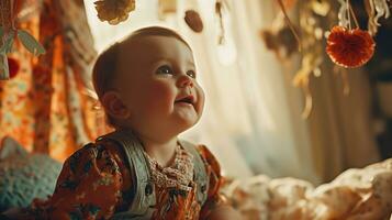 ai generato un' bambino è guardare su a sospeso luci nel il Camera da letto. generativo ai foto