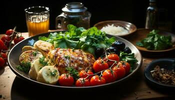 ai generato grigliato carne e verdure su un' fresco, salutare pranzo piatto generato di ai foto