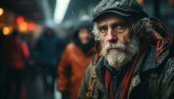 ai generato un' fiducioso uomo, a piedi nel inverno, sorridente a telecamera generato di ai foto