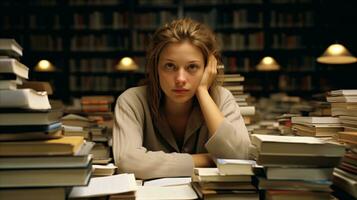 ai generato un' donna seduta a un' tavolo circondato di numerose libri, assorto nel lettura e in profondità nel pensiero. foto