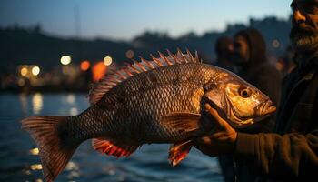 ai generato uomini pesca a crepuscolo, attraente fresco frutti di mare nel tropicale acque generato di ai foto